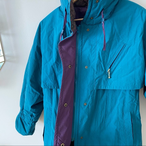 Vintage Long Trench Winter Jacket Teal and Purple with waist tie and zipper - Picture 13 of 15